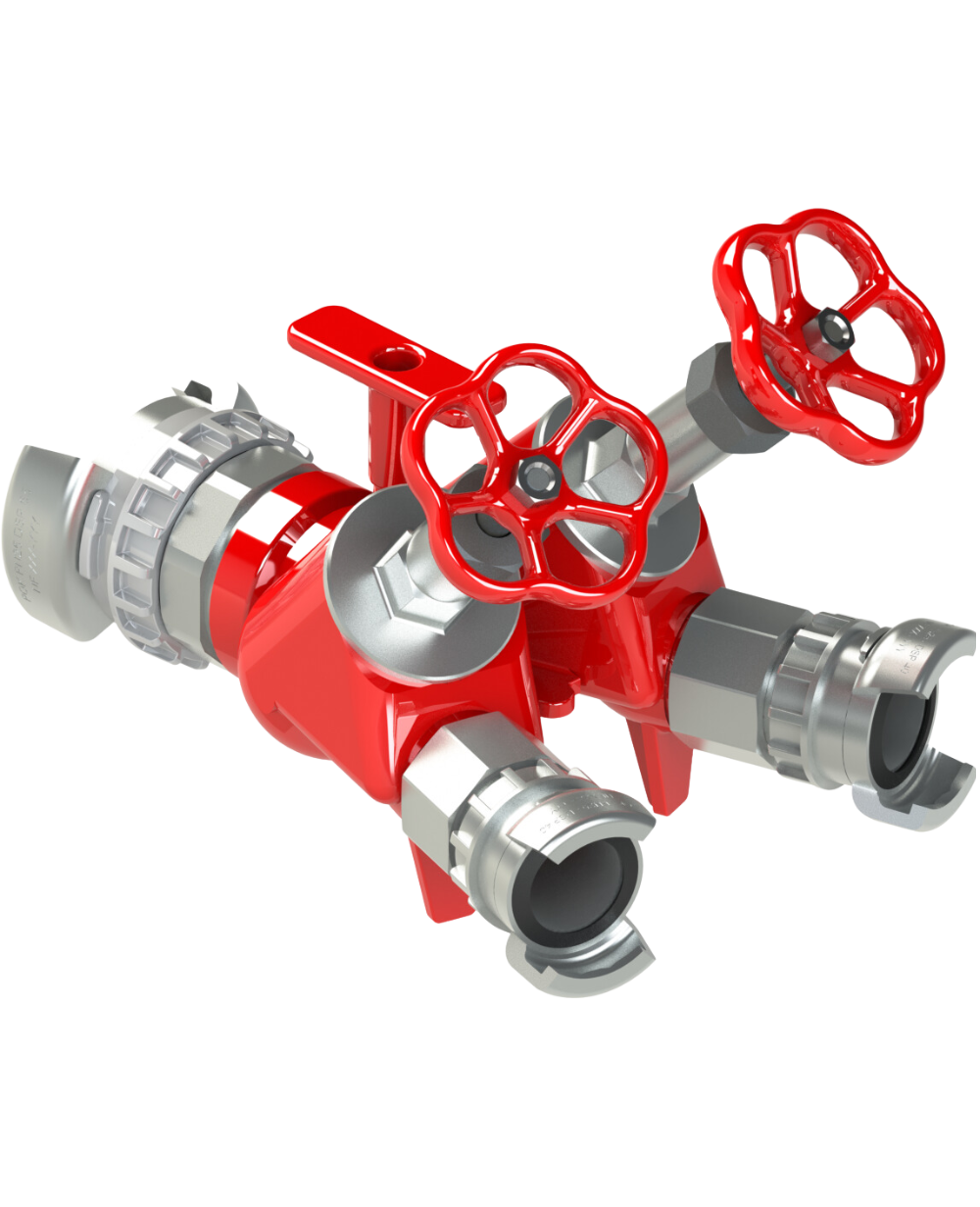 Division à 2 robinets à volant. 1 entrée DSP DN65 à verrou / 2 sorties DSP DN40